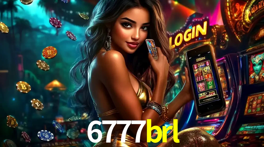 Mulher em um cenário de cassino temático de aventura, mostrando o app de caça-níqueis da 6777brl no celular. Fichas de apostas flutuam ao redor.